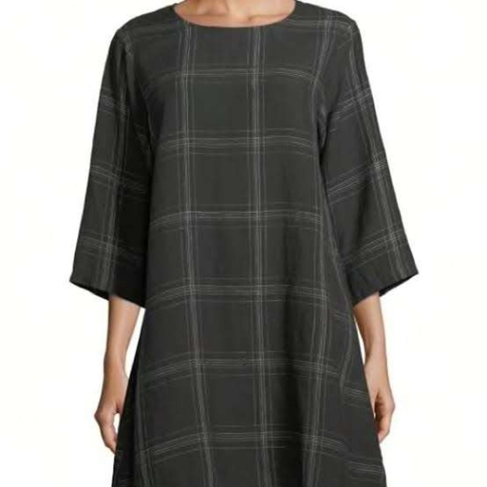 Eileen Fisher Organic Linen Plaid Tunic Dress Large B/W windowpane pattern